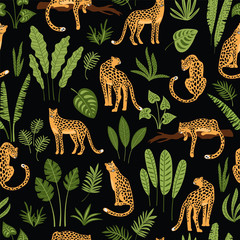 Naklejka premium Vestor seamless pattern with leopards and tropical leaves.