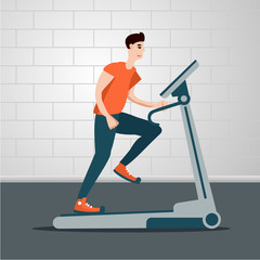 Fototapeta na wymiar Young man is running on a treadmill. Indoor exercise cartoon flat illustration. Sport people vector clipart.