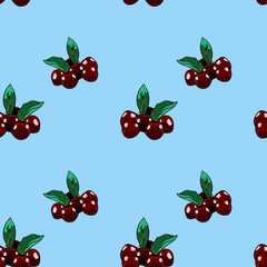 Marker Hand drawn isolated seamless pattern Cherry on blue background banner. Sketched food vector background. Abstract colorful berry illustration. Design element for card, print, template, wallpaper