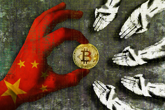 Bitcoin cryptocurrency China flag Golden Coin of Bitcoin in the Chinese flag hand giving coin in to hands of poor people Grunge background with binary code of matrix effect