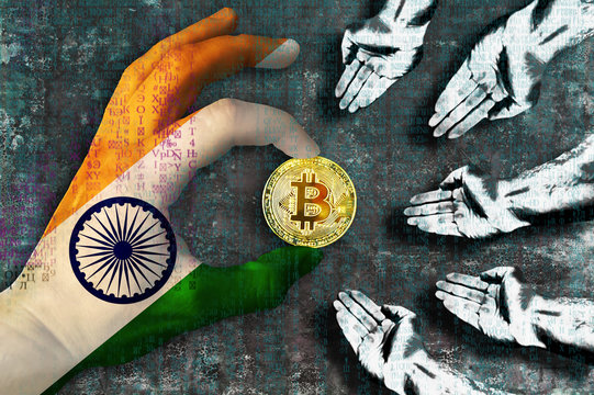 Bitcoin cryptocurrency India flag Golden Coin of Bitcoin in the Indian flag hand giving coin in to hands of poor people Grunge background with binary code of matrix effect