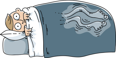 A cartoon man who cannot sleep because he's struggling with Restless Leg Syndrome feelings in his legs.