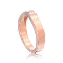 3D illustration isolated illusion modern bent rose gold ring with diamond with reflection