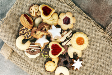 Mixed Christmas cookies. Colorful mix of Christmas-themed decorated cookies