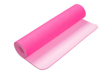 pink fitness mat or for yoga, a roll is slightly unwound, on a white background isolated
