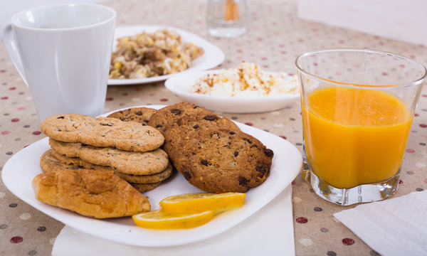 still life of milk, biscuits, porridge from cereals