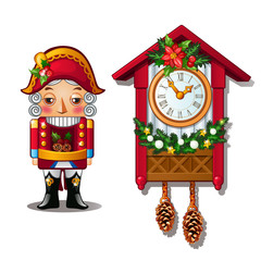 The Nutcracker and the antique cuckoo clock isolated on a white background. Vector illustration.