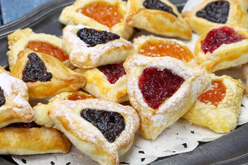 homemade hamantaschen cookies for happy Purim jewish holiday party