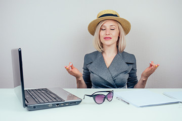 attractive smart multitasking female person (business lady) in stylish business suit and a straw...
