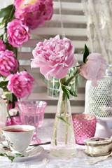 Obraz premium fruit tea in beautiful porcelain cup and peony flowers