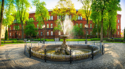 Obraz premium Fountain in the park of solidarity in Elk. Masuria, Poland.