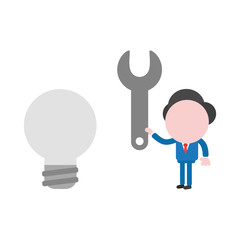 Vector illustration businessman character holding spanner to gray light bulb, bad idea