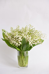 Naklejka na ściany i meble bouquet lily-of-the-valley stands on isolated background in mug with water