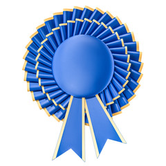 Blue winning award, prize, medal or badge with ribbons. 3D rendering