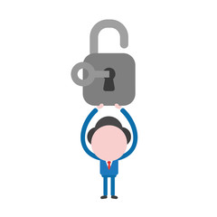 Vector illustration businessman character holding up open padlock, unlock with key