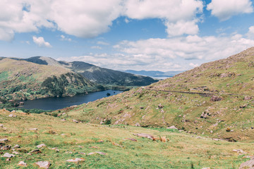 Glanmore lake at Healy Pass, a 12 km route worth of hairpin turns winding through the borderlands of County Cork and County Kerry in Ireland