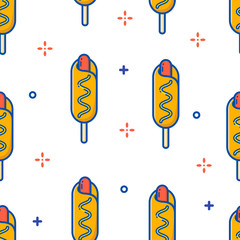 Fast food pattern with corn dog on white background. Thin line flat design. Vector.