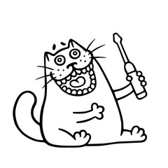 Cheerful cat shows a screwdriver. Vector illustration.