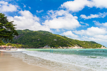 Tropical sandy beach with palms, houses and woodean boats in the background and blue ocean in the foreground during a bright sunny day, Haad Rin Beach, Koh Phangan, Thailand