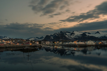 The fishing harbor of Kabelvag at Lofoten Islands / Norway at sunset