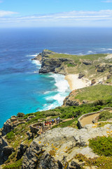 Fototapeta na wymiar Cape of Good Hope and Dias Beach from the overlook of Cape Point in Cape Peninsula which is part of Table Mountain National Park, South Africa.