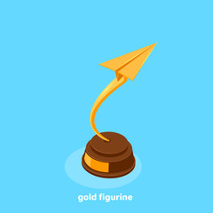 a golden figure of a paper airplane on a brown wooden stand, award for the winner, an isometric image