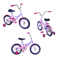 Детский велосипед со съемными тренировочными колесоми, сиренево - розовой расцветки, изолированный на белом фоне
