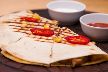 Mexican quesadilla, homemade quesadilla with chicken