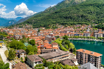 Fototapeta na wymiar Aerial view of Omegna, located on the coast of Lake Orta in the province of Verbano-Cusio-Ossola, Piedmont, Italy