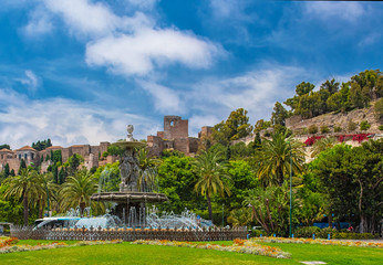 Fountain with the Alcazaba of Malaga, Spain