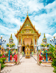 Wat Plai Laem Buddhism Temple statues during a bright sunny day in Koh Samui, Surat Thani, Thailand 