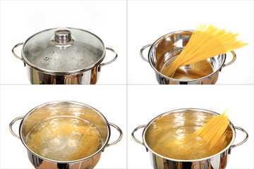 Gotowanie makaronu spagetti zestaw czterech zdjęć. - obrazy, fototapety, plakaty