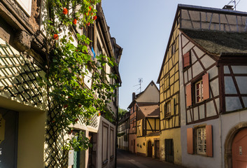 Charming French street with germanic influences in Alsatian village