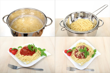 Gotowanie spagetti i podanie na talerzu z sosem bolońskim.