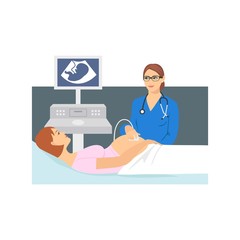 Pregnant woman lying on the couch. Vector illustration of a pregnant doing ultrasonography. 