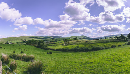 Fototapeta na wymiar The green fields as seen from the countryside R585 road of Cousane Gap in County Cork, Ireland 