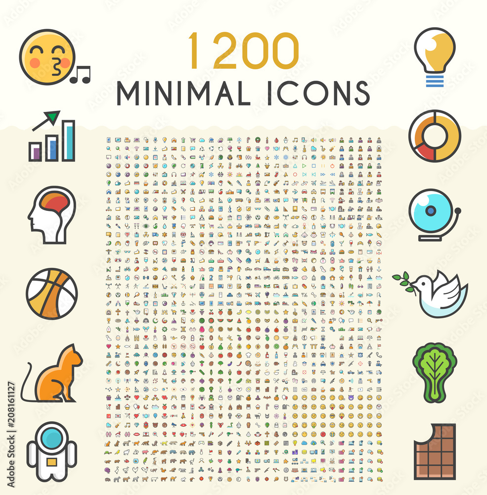 Poster set of 1200 minimalistic solid line coloured network icons . isolated vector elements