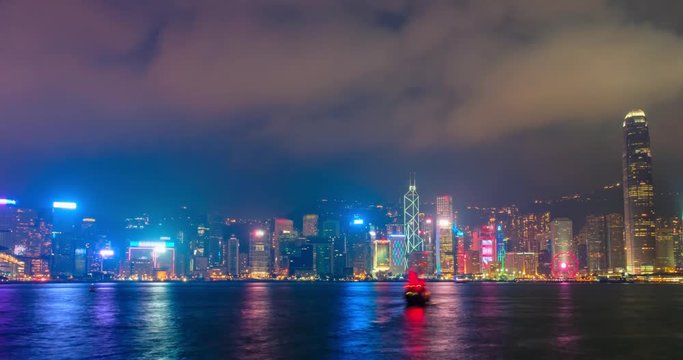 Night imelapse of illuminated Hong Kong skyline. Hong Kong, China