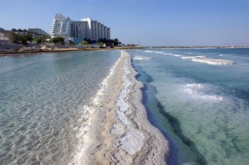 Dead Sea coastline with a path of salt