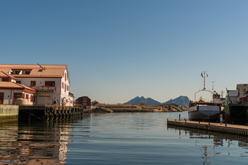View over the harbor of Kabelvag at Lofoten Islands / Norway