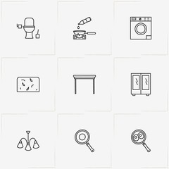 Home line icon set with fence, toilet and table