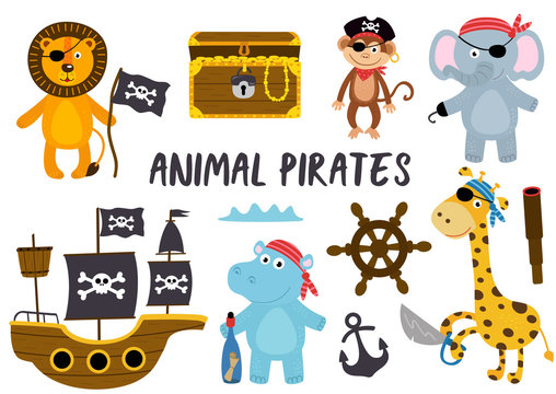 set of isolated animals pirates and other elements part 2 - vector illustration, eps