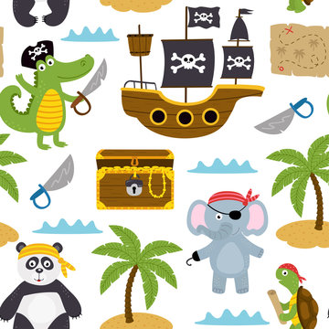 seamless pattern with pirates animals and other elements on white background  - vector illustration, eps
