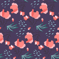 Dark night seamless pattern with pink poppy flowers and leaves. Elegant hand drawn floral texture for textile, wrapping paper, print design, wallpaper, surface. Cute girls background