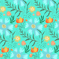 Fototapeta na wymiar Tender blue and green floral summer seamless pattern with accent red roses. Gentle hand drawn texture with cute flowers, leaves, waterdrops for textile, wrapping paper, print design, wallpaper