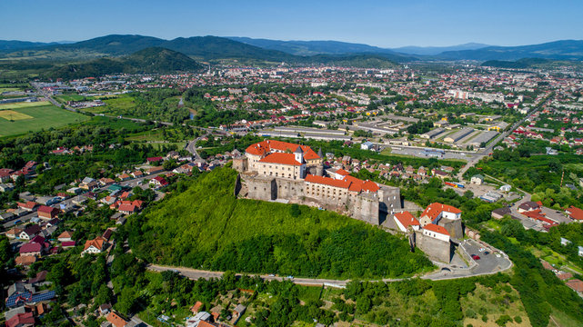 Beautiful panoramic aerial view to Palanok Castle in the city of Mukachevo.