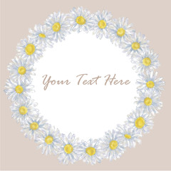 Daisy Round Wreath on Peach Background with Text Copy Space Isolated on White. Chamomile Round Frame for Announcements, Advertising, Invitations, Cards, and Promotional Materials. Romantic Frame.