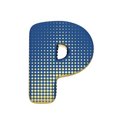 Alphabet letter P uppercase. Gold halftone font made of blue jean texture. 3D render isolated on white background.