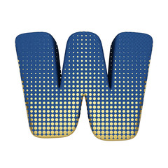 Alphabet letter W uppercase. Gold halftone font made of blue jean texture. 3D render isolated on white background.