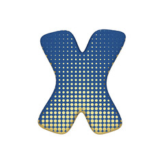 Alphabet letter X uppercase. Gold halftone font made of blue jean texture. 3D render isolated on white background.